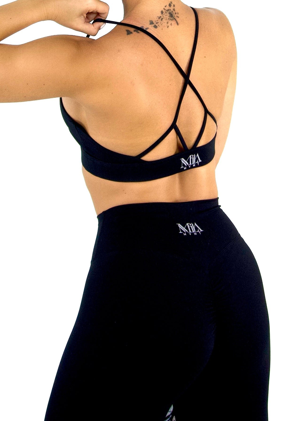 MILA MVMT Sportswear Emmie Short Sleeve Crop Top Sports Bra & Emmie Shorts Leggings Black No Flash