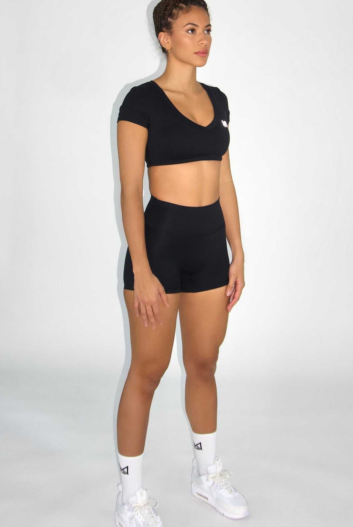 MILA MVMT Sportswear Emmie Short Sleeve Crop Top Sports Bra & Emmie Shorts Leggings Black