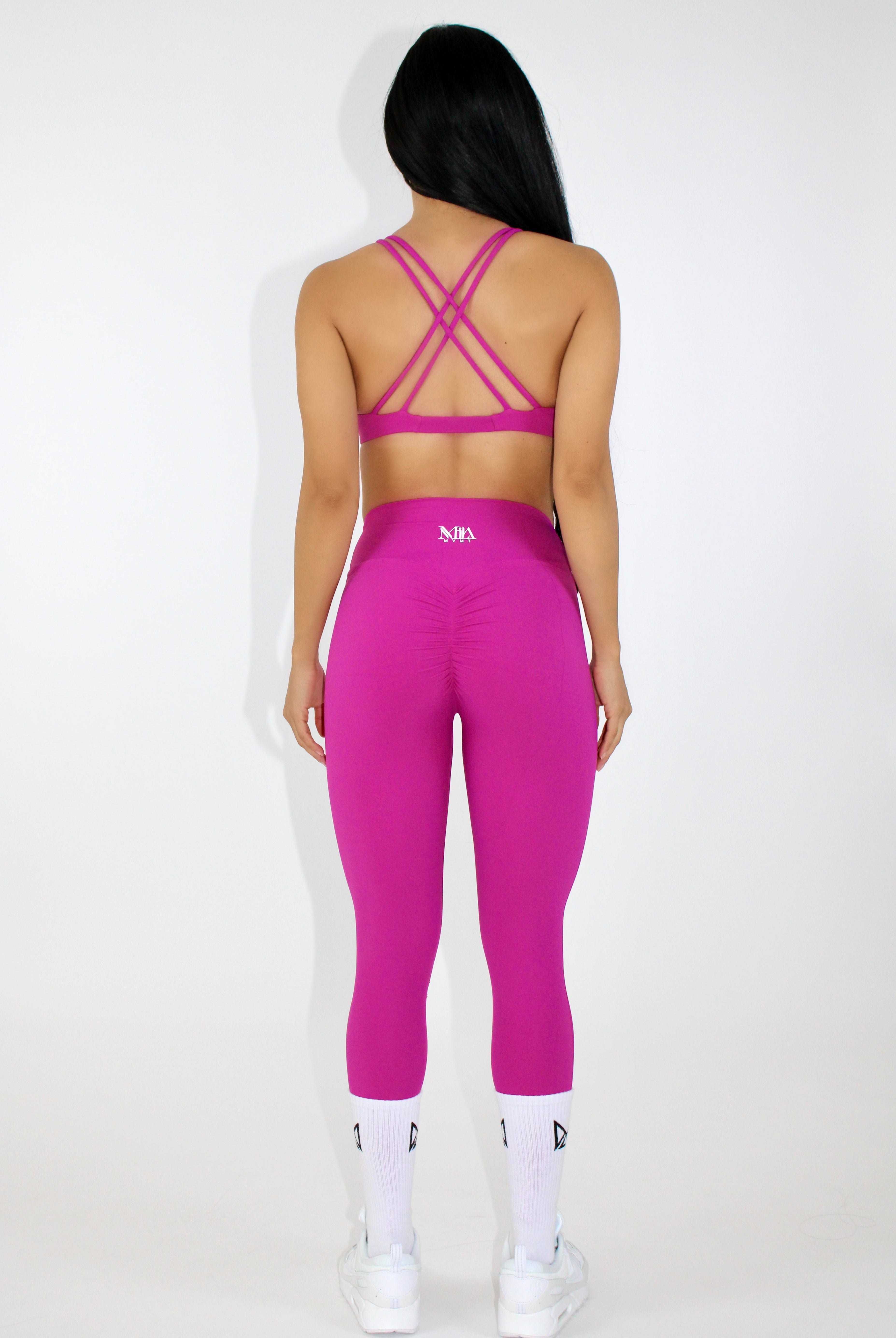 MILA MVMT Athletic Sportswear Aria Sports Bra & Buttery Soft Leggings & Shorts Gym Set in Fuchsia Pink Back View