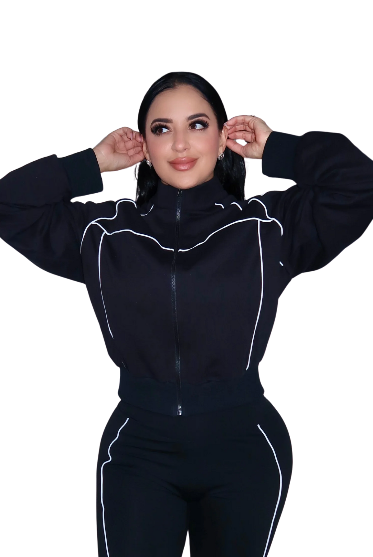 Close-up front view of black hoodie on woman