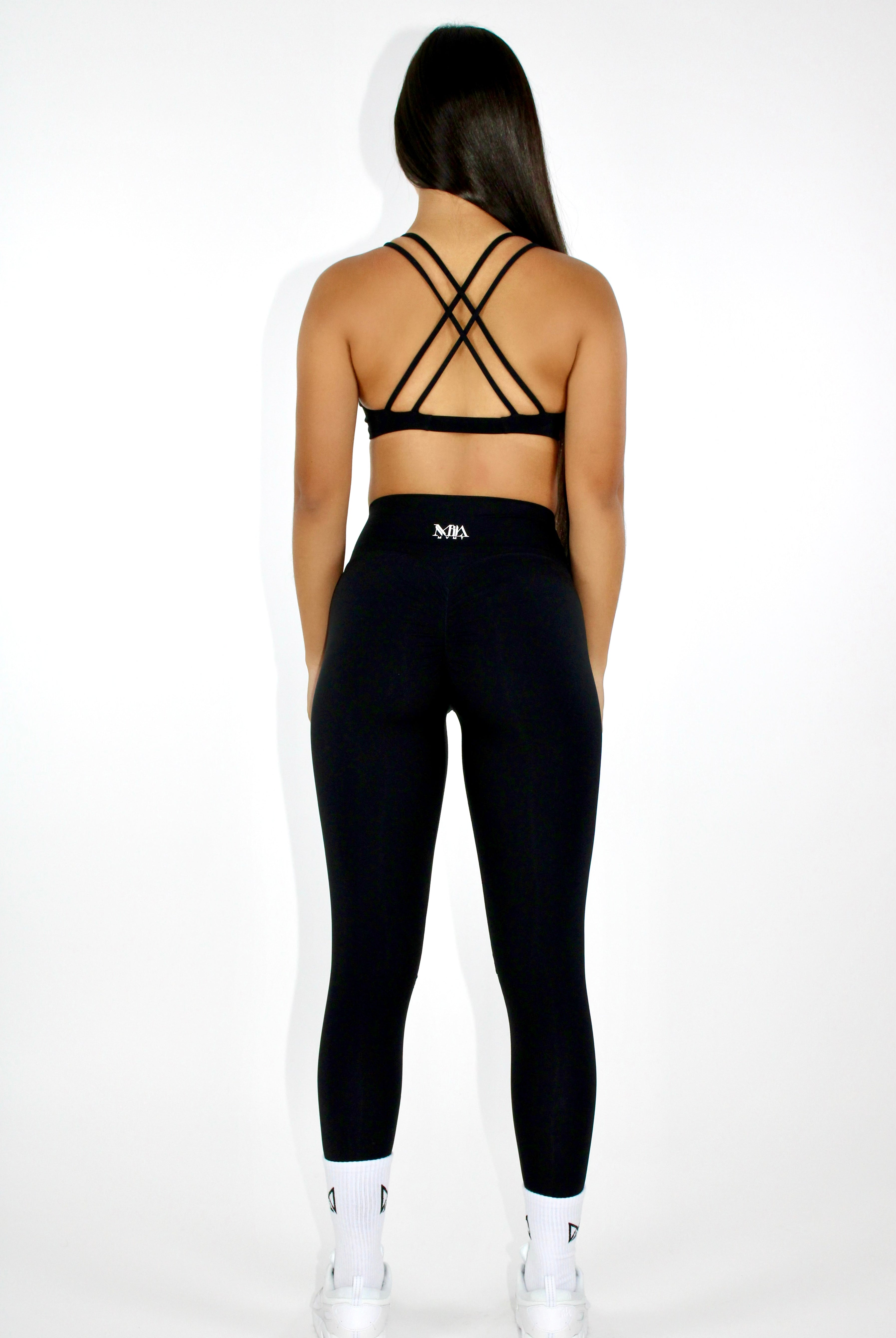 MILA MVMT Athletic Sportswear Aria Sports Bra & Buttery Soft Leggings & Shorts Gym Set Black Strappy Back - Back View