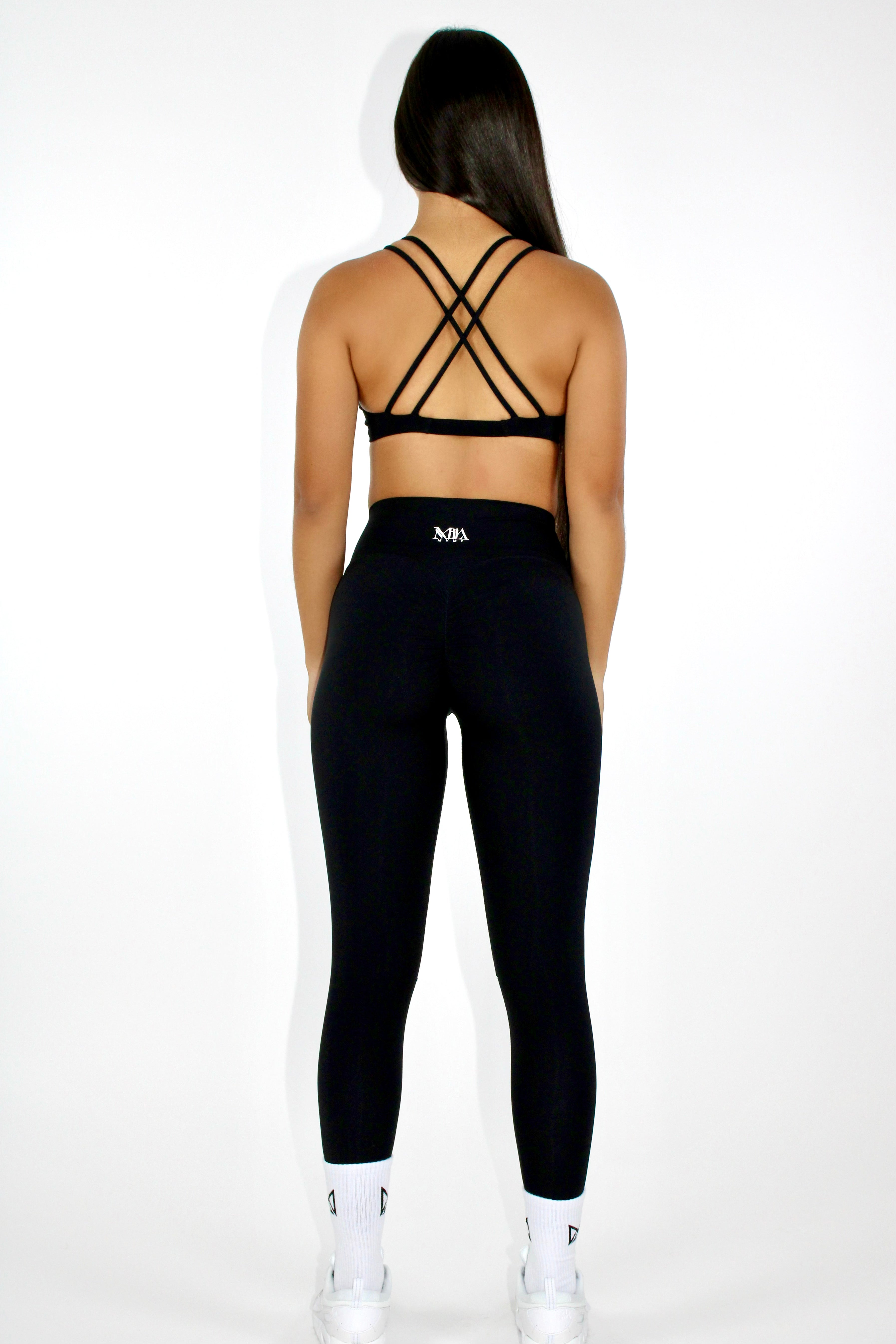 MILA MVMT Athletic Sportswear Aria Sports Bra & Buttery Soft Leggings & Shorts Gym Set Black Strappy Back - Back View