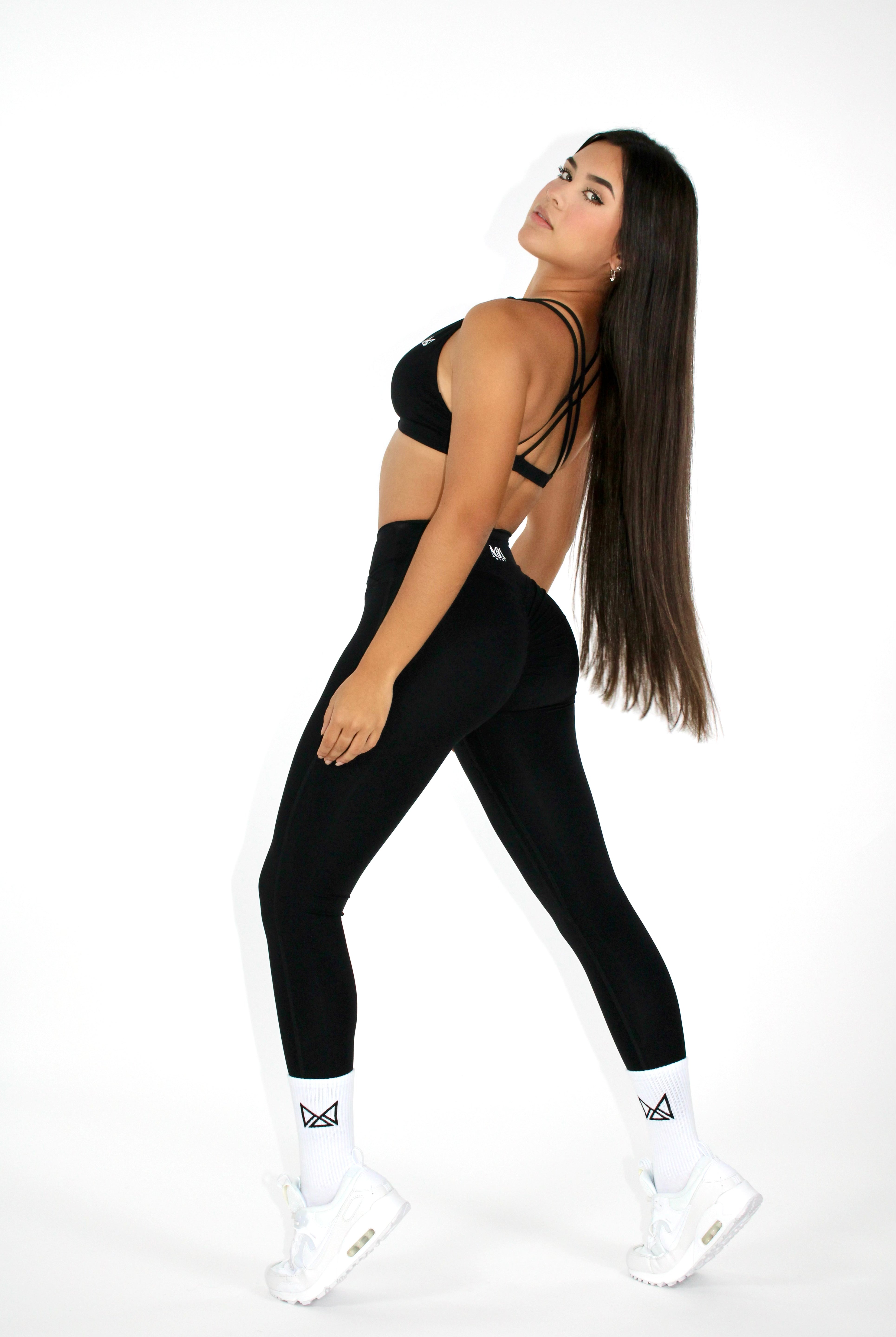 MILA MVMT Athletic Sportswear Aria Sports Bra & Buttery Soft Leggings & Shorts Gym Set Black Strappy Back Side View