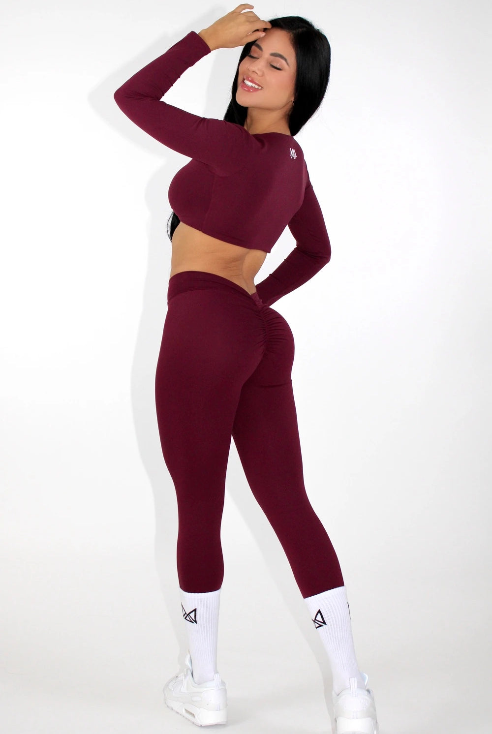 Ava V-Back Scrunch Booty Leggings back side view - Cranberry
