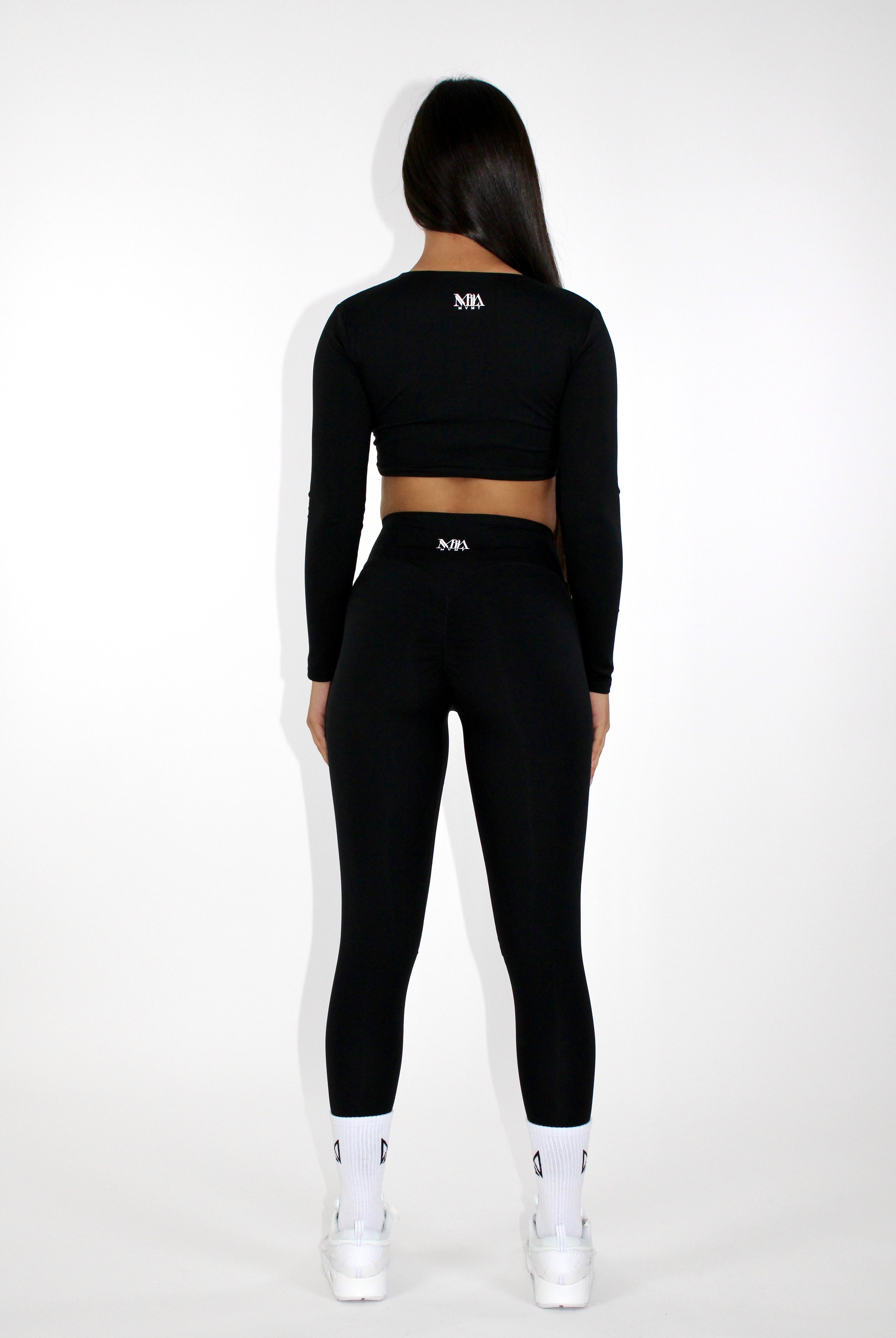MILA MVMT Sportswear Gym Wear Workout Athleisure Crop Top Long Sleeve Black facing back