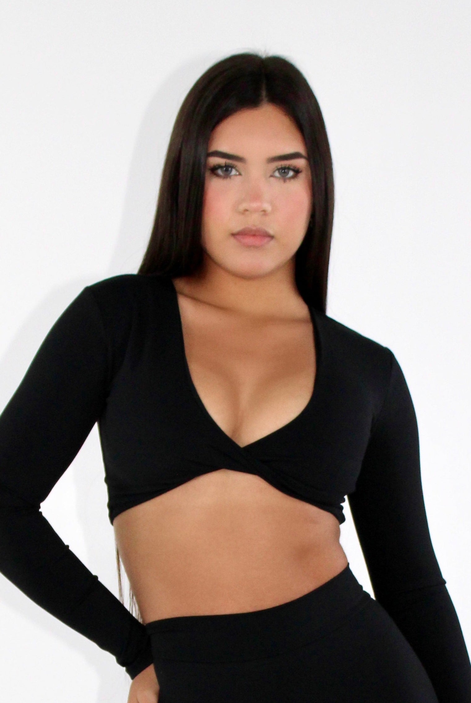 MILA MVMT Sportswear Gym Wear Workout Athleisure Crop Top Long Sleeve Black facing front