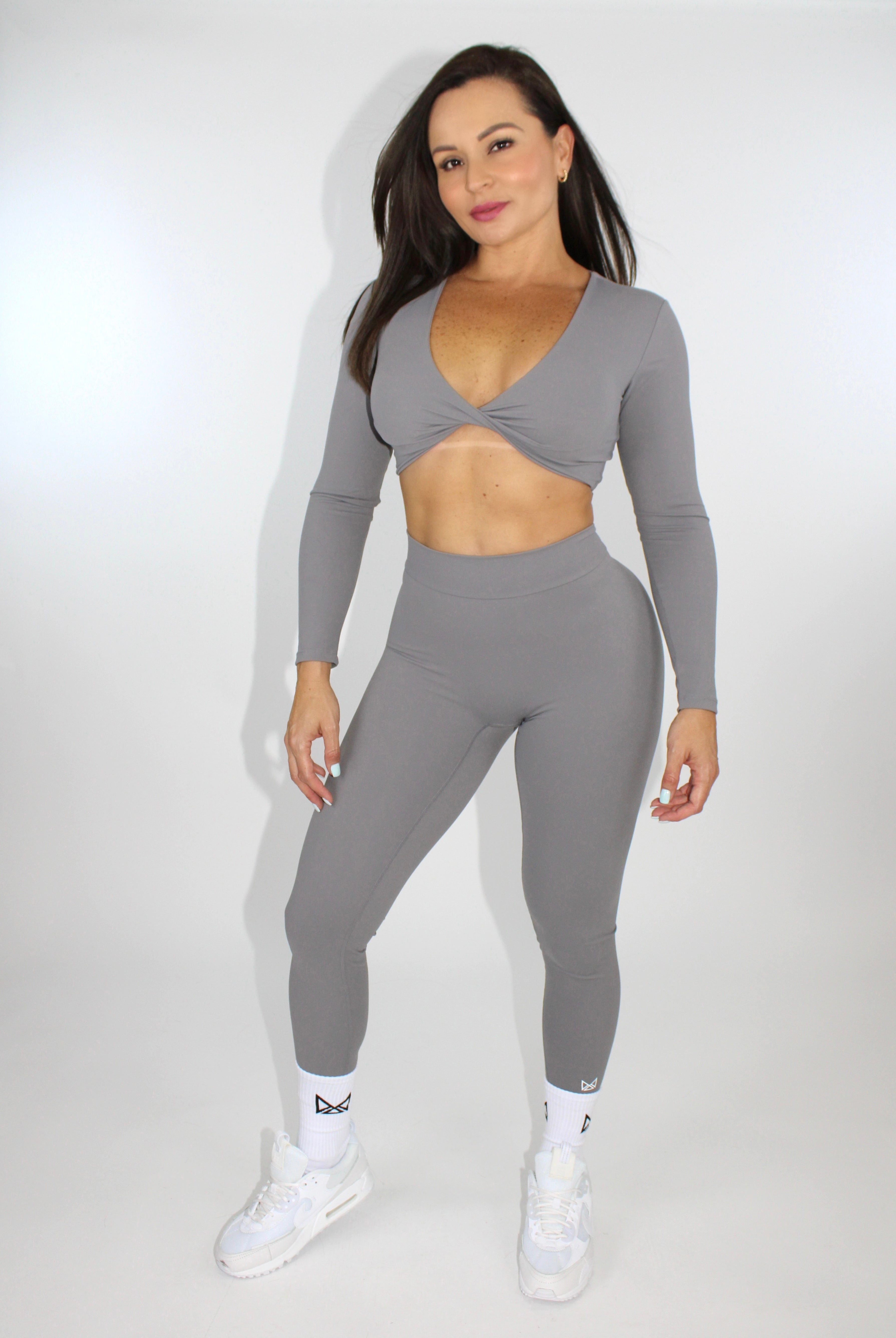 MILA MVMT Sportswear Long Sleeve Crop Top Gymwear Athleisure Sports Bra in Gray - model facing front