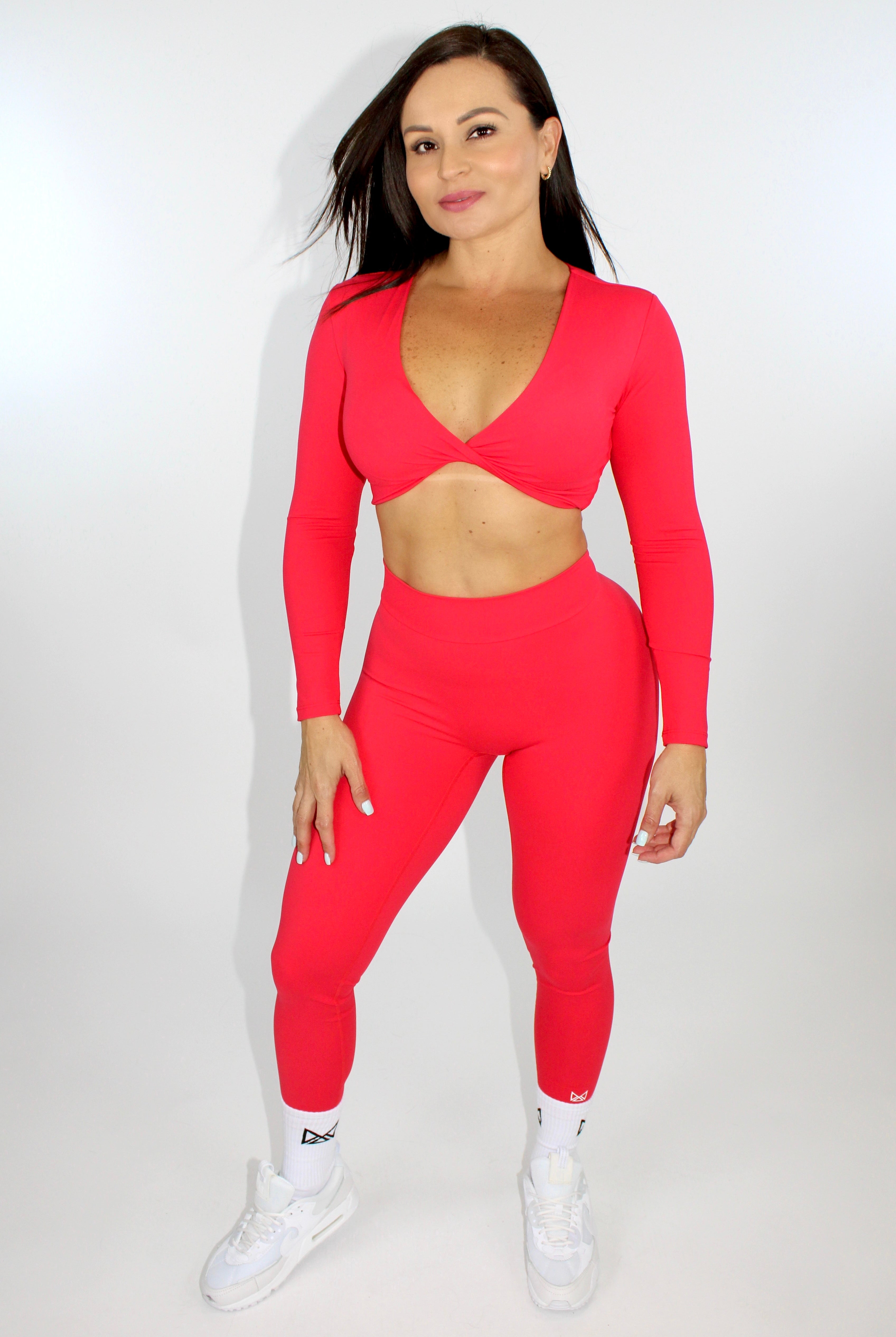 MILA MVMT Sportswear Long Sleeve Crop Top Gymwear Athleisure Sports Bra in Scarlet Red - model facing front