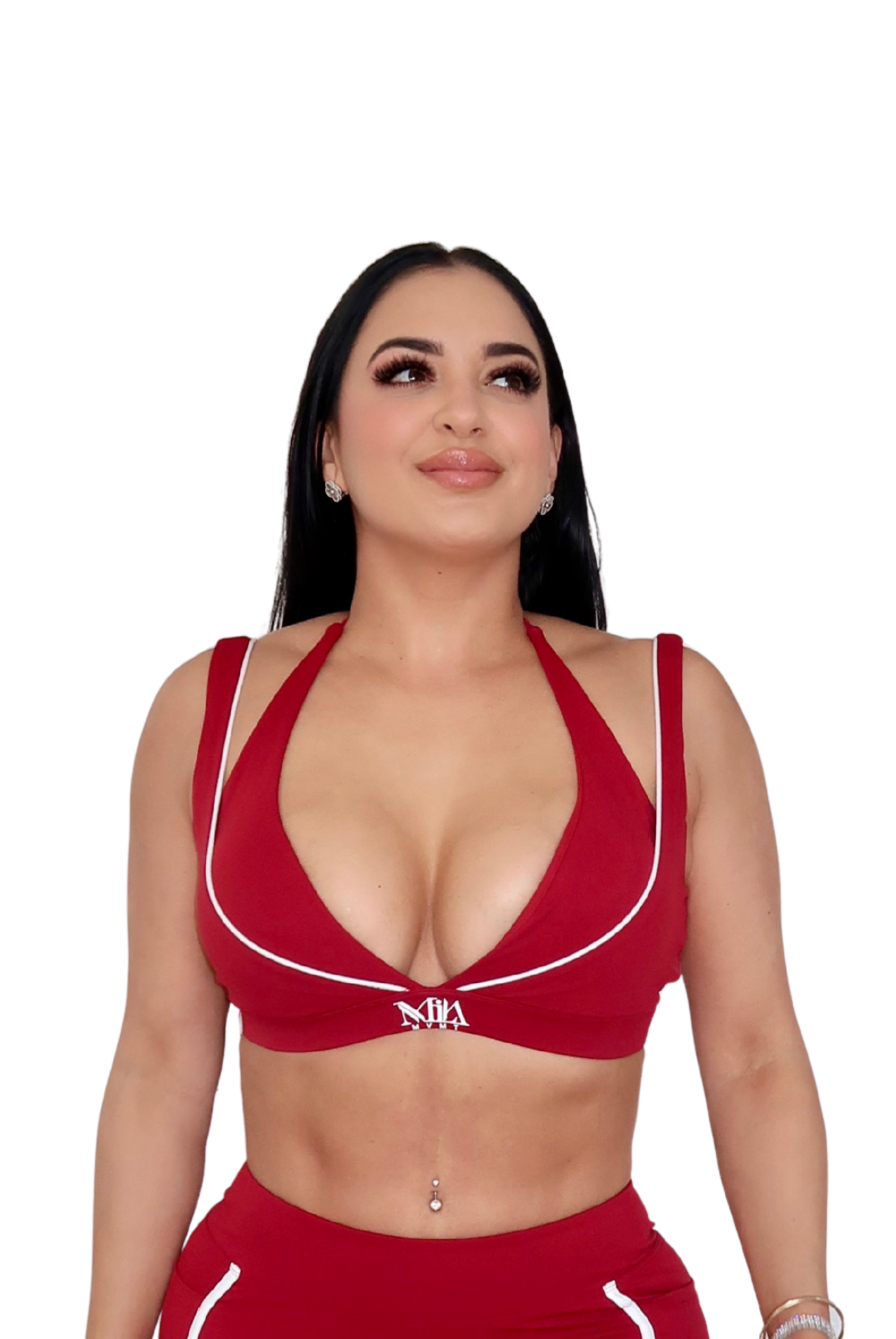 Woman wearing a red sports bra and shorts set on a white background