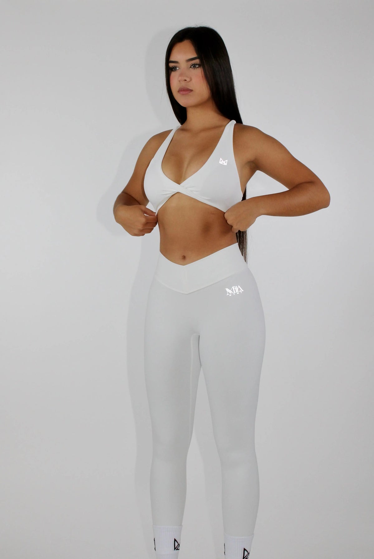 MILA MVMT Sportswear Crossover Buttery Soft Leggings with Scrunch Butt Gym Sets White Front Side
