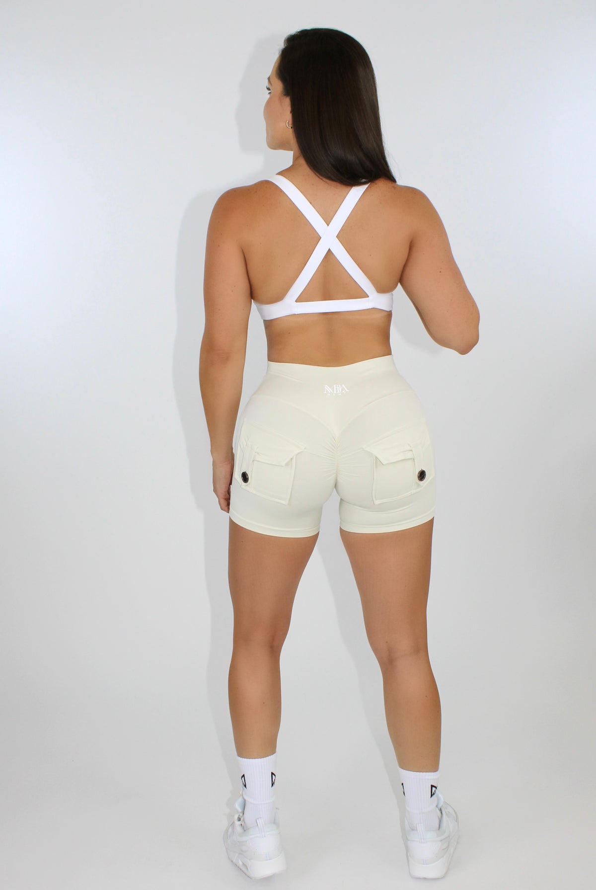 Selene Scrunch Booty Pocket Shorts - Cream back view