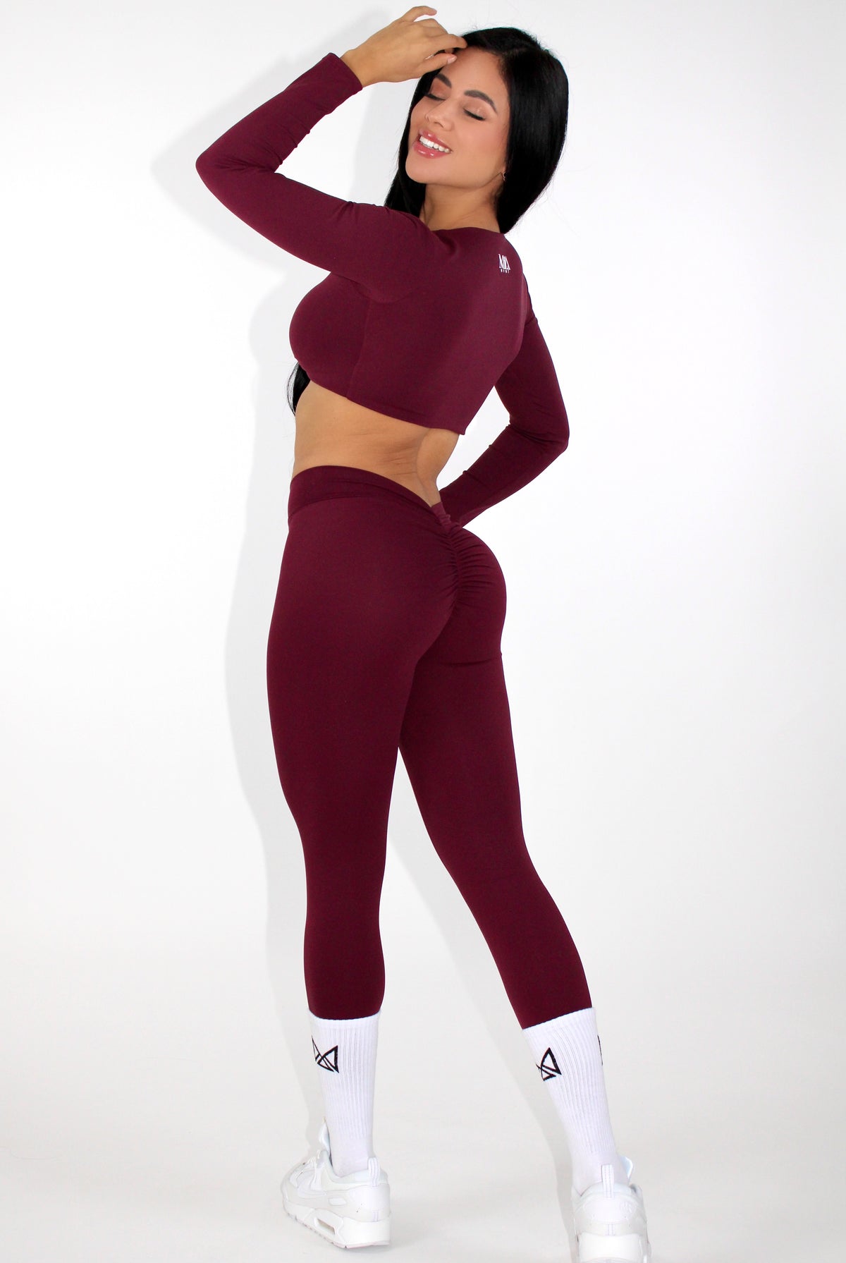 Stella Twist Front Long Sleeve Crop Top - Cranberry Back side view