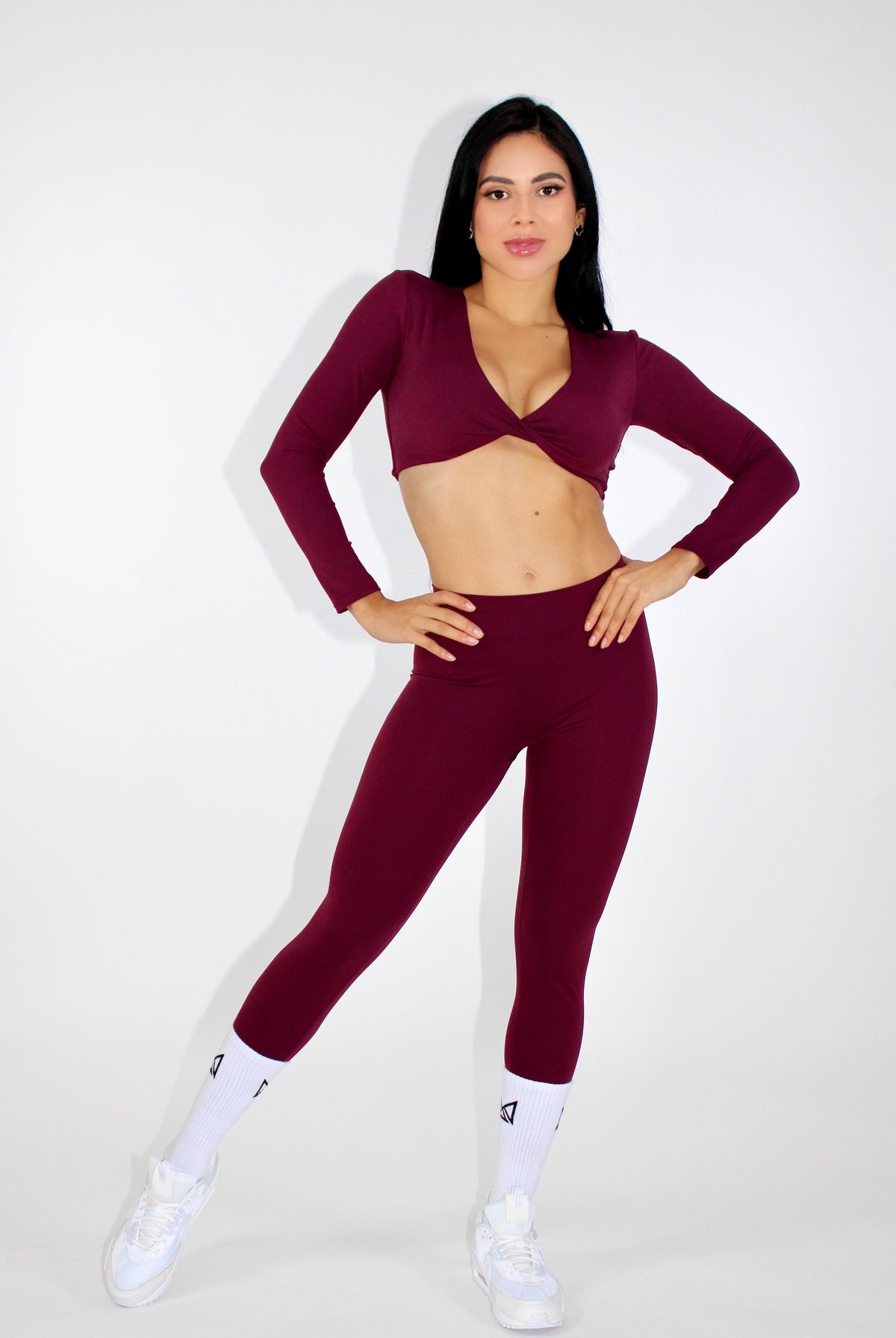 Stella Twist Front Long Sleeve Crop Top - Cranberry front view