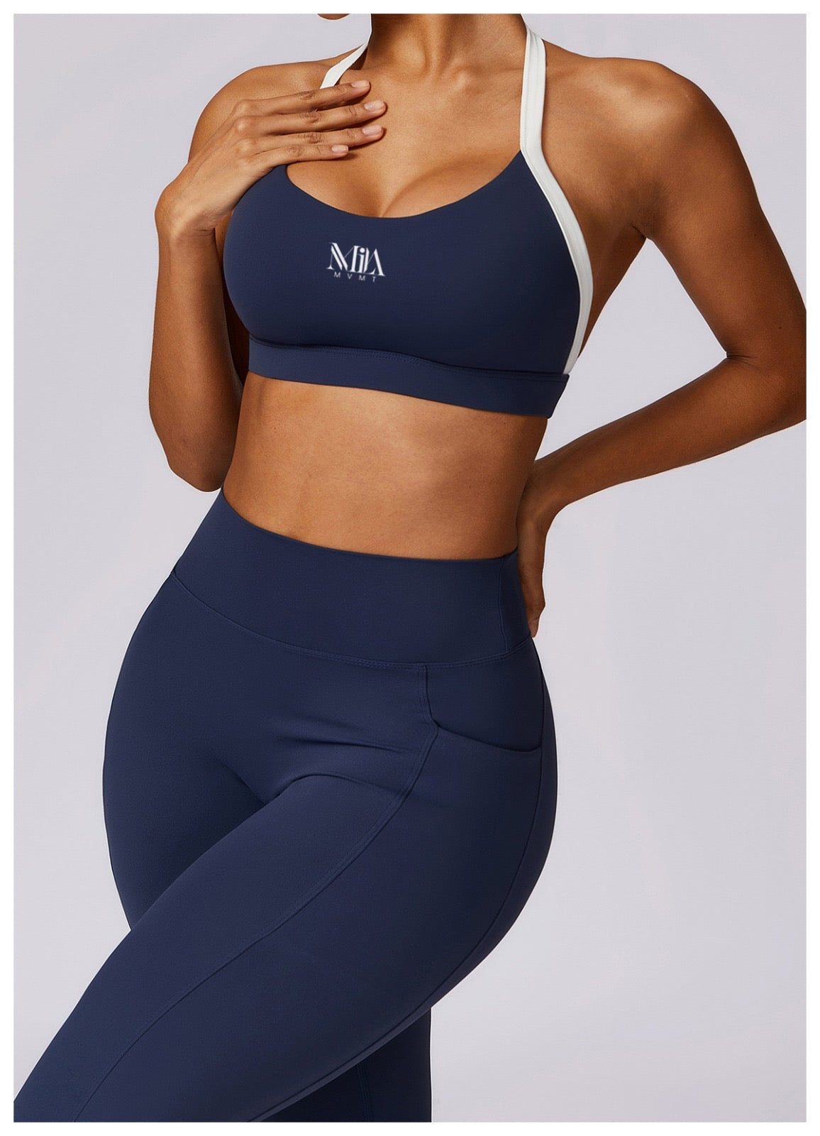 Jenna Contrast Sports Bra and Pocket Leggings Set - Navy MILA MVMT