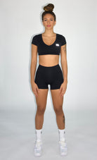 MILA MVMT Sportswear Emmie Short Sleeve Crop Top Sports Bra & Emmie Shorts Leggings Black