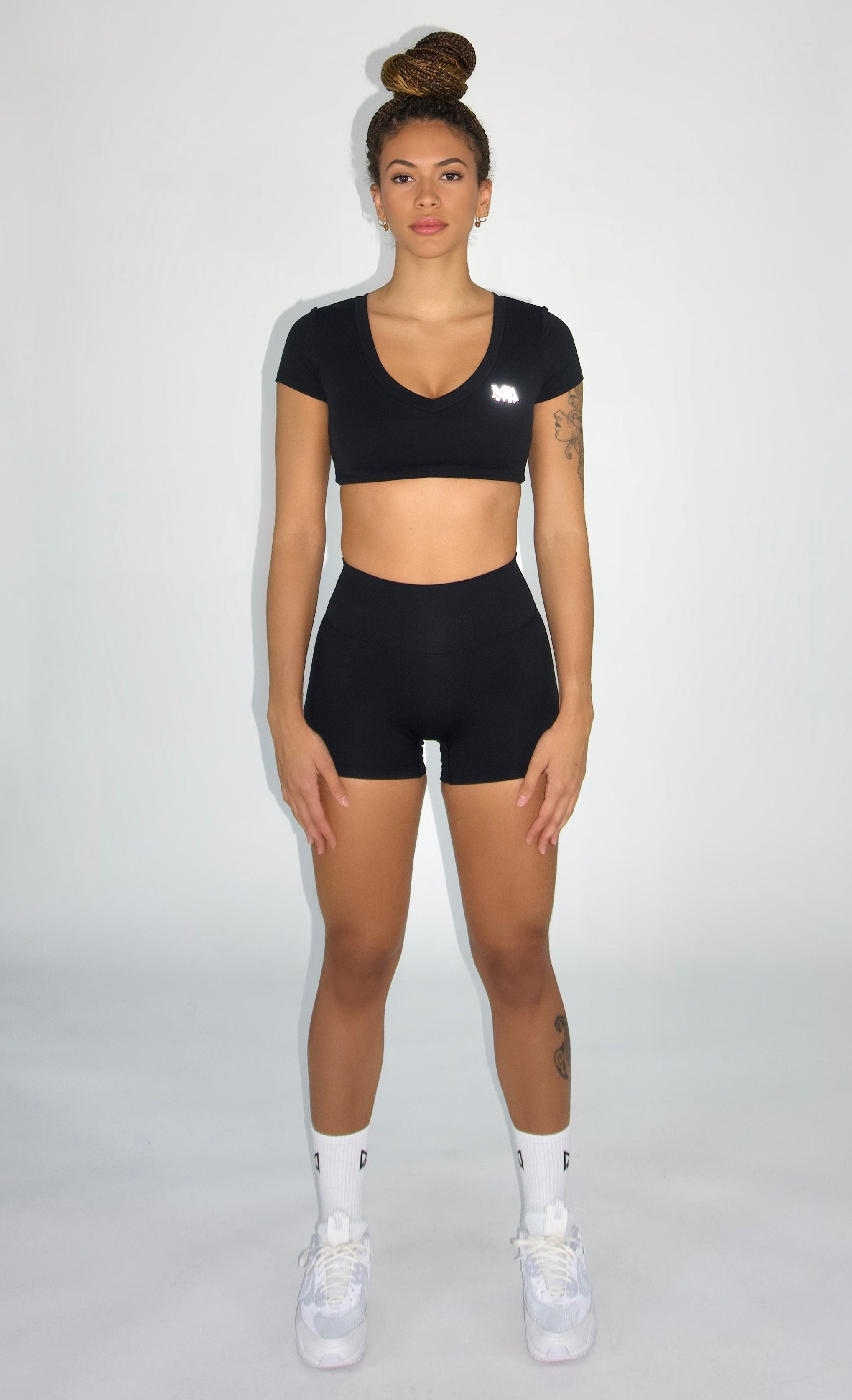MILA MVMT Sportswear Emmie Short Sleeve Crop Top Sports Bra & Emmie Shorts Leggings Black