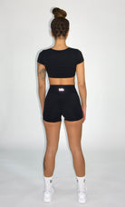 MILA MVMT Sportswear Emmie Short Sleeve Crop Top Sports Bra & Emmie Shorts Leggings Black