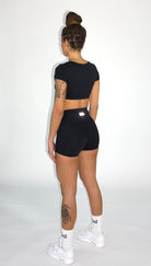 MILA MVMT Sportswear Emmie Short Sleeve Crop Top Sports Bra & Emmie Shorts Leggings Black