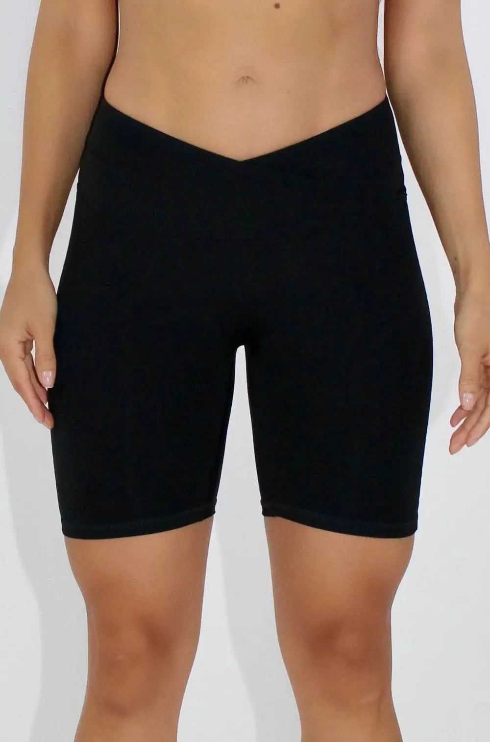 Aria Crossover V-Waist Scrunch Shorts - Black Front Down