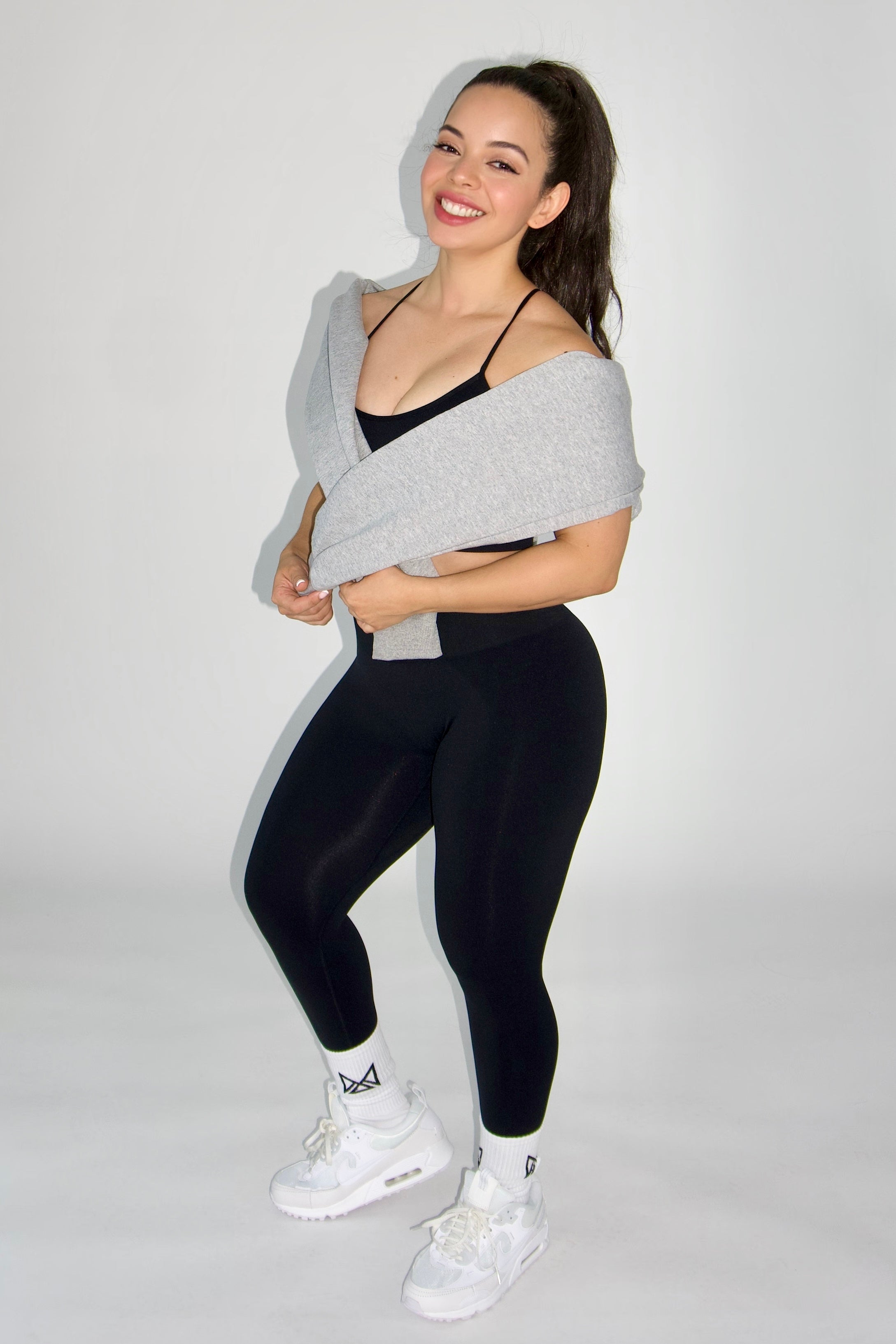 Josie Cropped Hoodie Shrug Top Heather Gray smiling