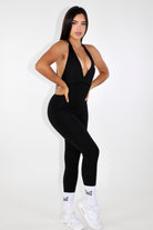Laney V-Back Scrunch Bum Jumpsuit Black - front view