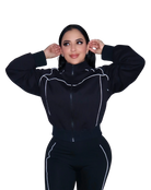Close-up front view of black hoodie on woman