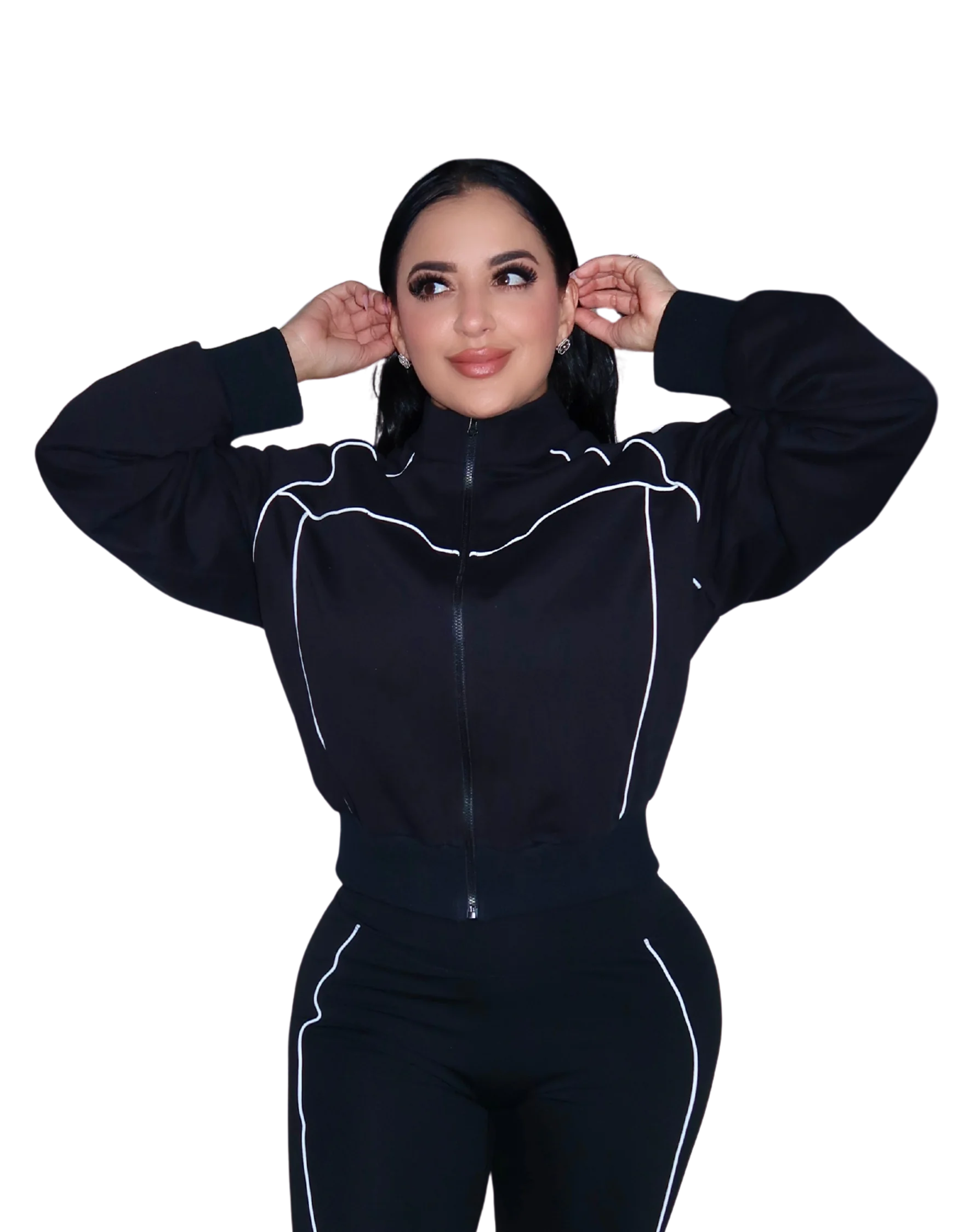 Close-up front view of black hoodie on woman