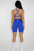 Aria Crossover V-Waist Scrunch Shorts - Blue Backview