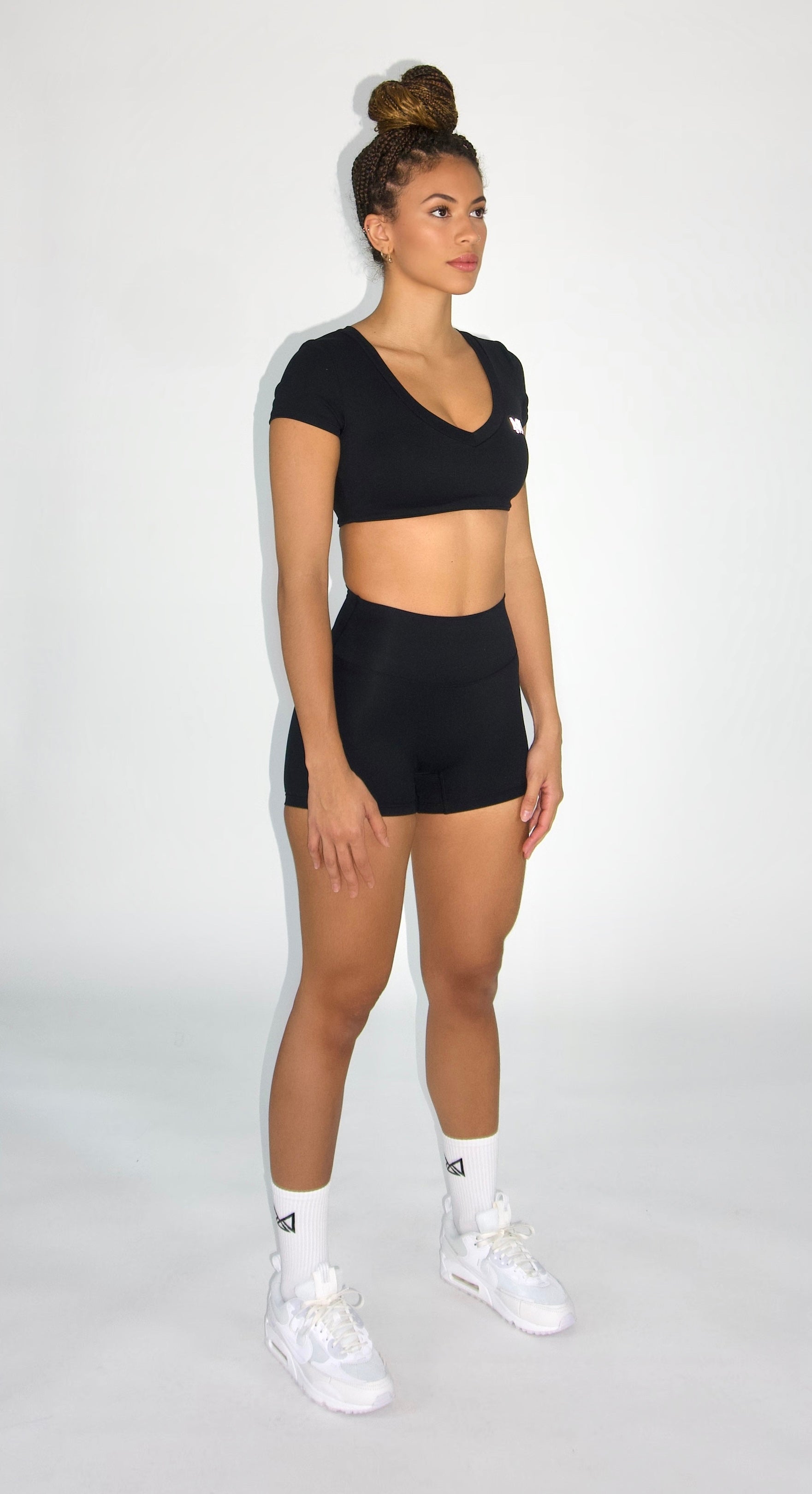 MILA MVMT Sportswear Emmie Short Sleeve Crop Top Sports Bra & Emmie Shorts Leggings Black