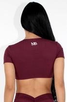 MILAMVMTSportswearGymYogaTennisGymTwistFrontCropTops front facing cranberry sportswear crop top back side