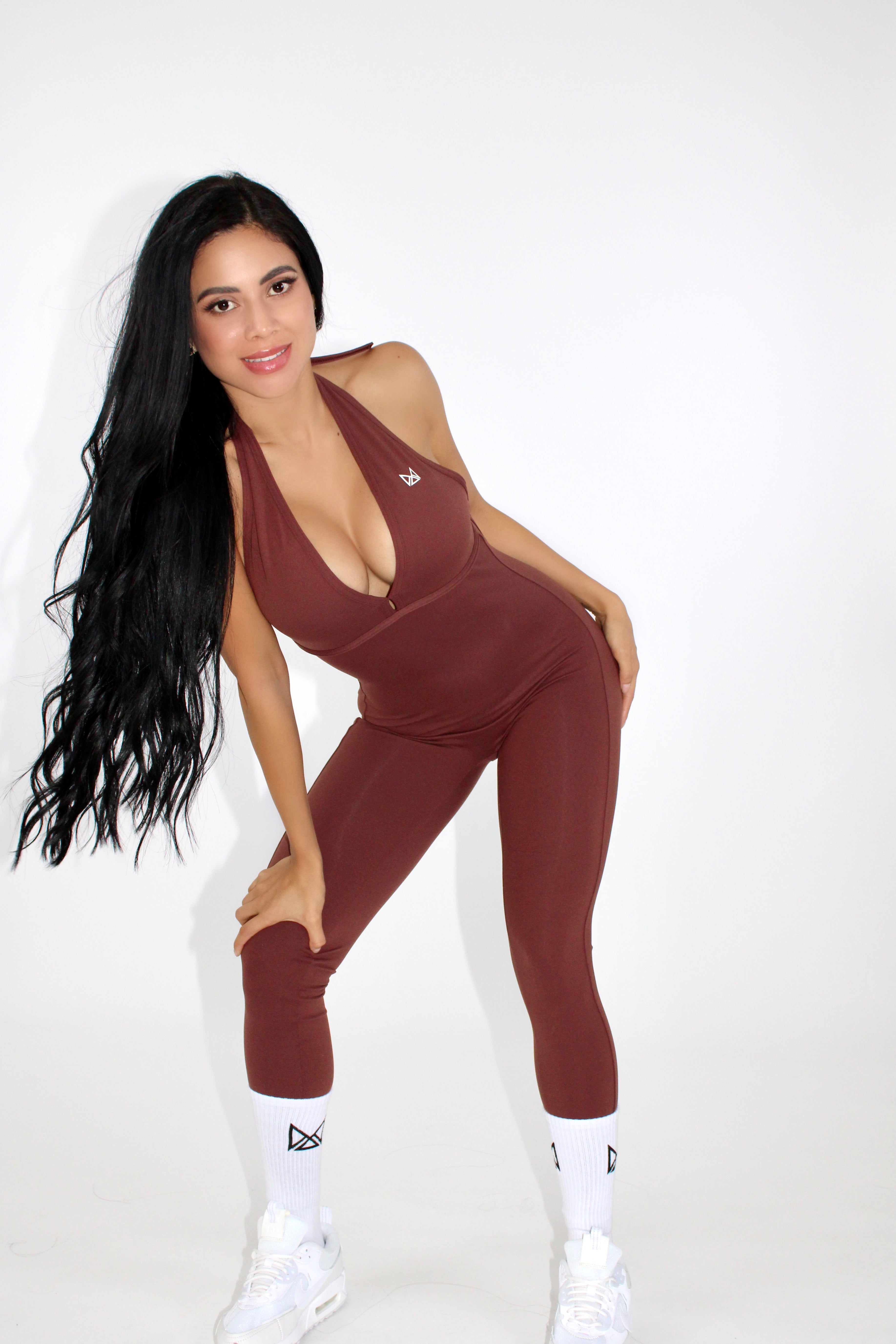 Laney V-Back Scrunch Bum Jumpsuit Cinnamon model smiling