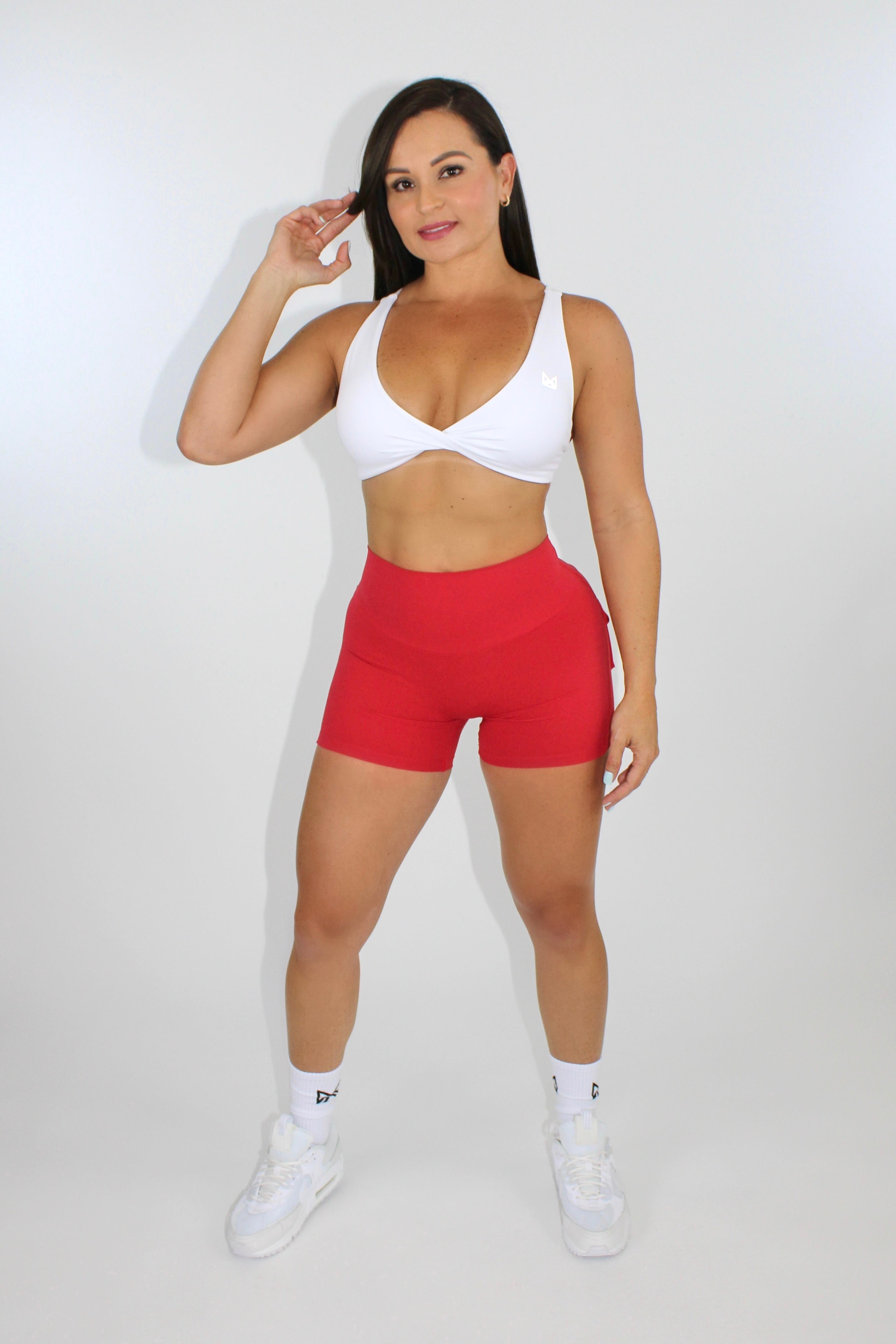 Selene Scrunch Booty Pocket Shorts - Ruby Red front view