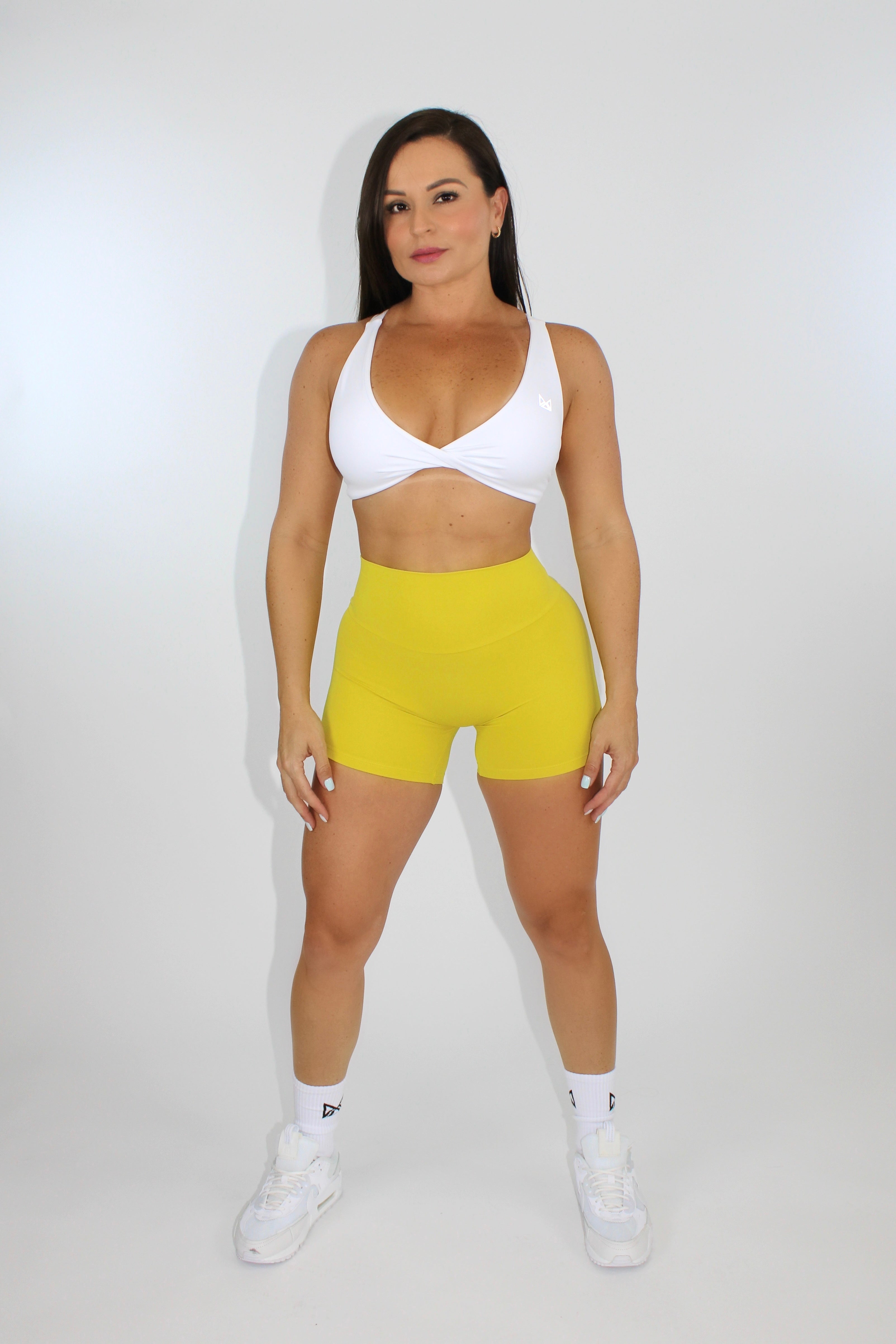 Selene Scrunch Booty Pocket Shorts - Mustard Yellow front view