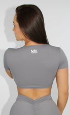 MILAMVMTSportswearWorkoutShortsLeggingsTopsSportsBras back facing gray color crop top