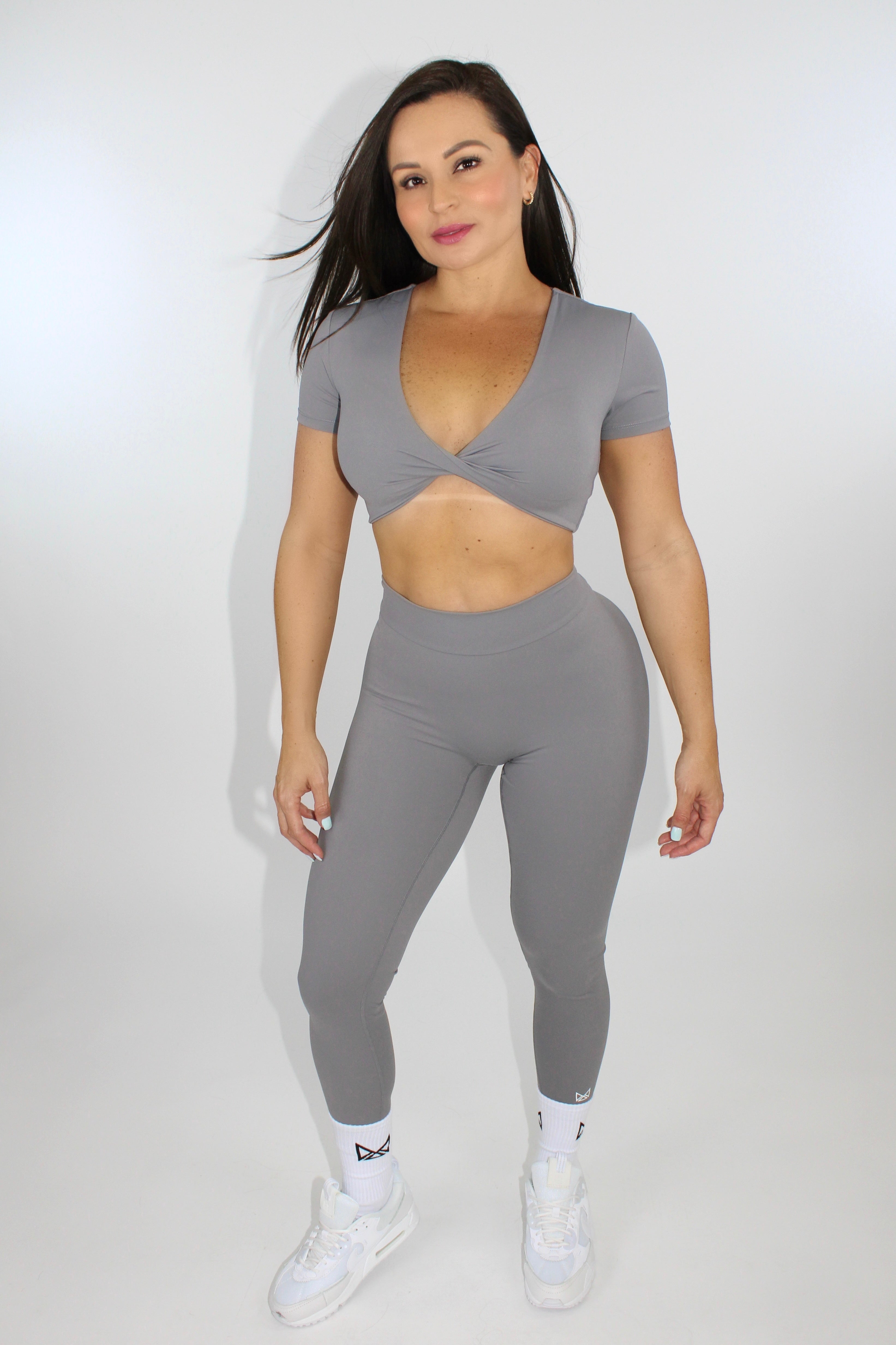 Maia Twist Front Short Sleeve Crop Top Gray - Front view