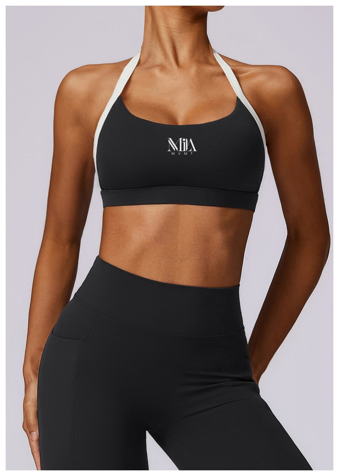 Jenna Contrast Sports Bra and Pocket Leggings Set - Black MILA MVMT