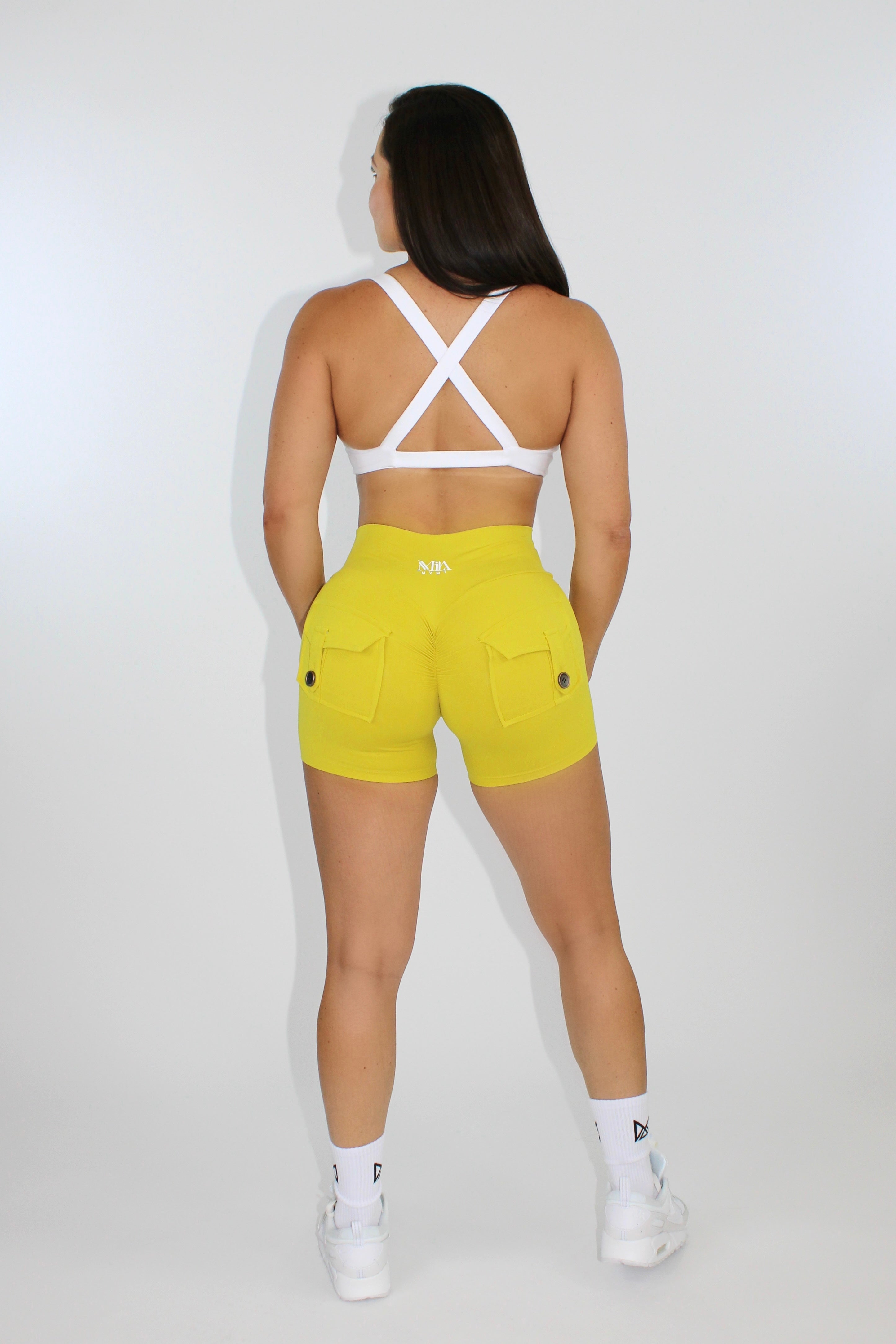 Selene Scrunch Booty Pocket Shorts - Mustard Yellow back view
