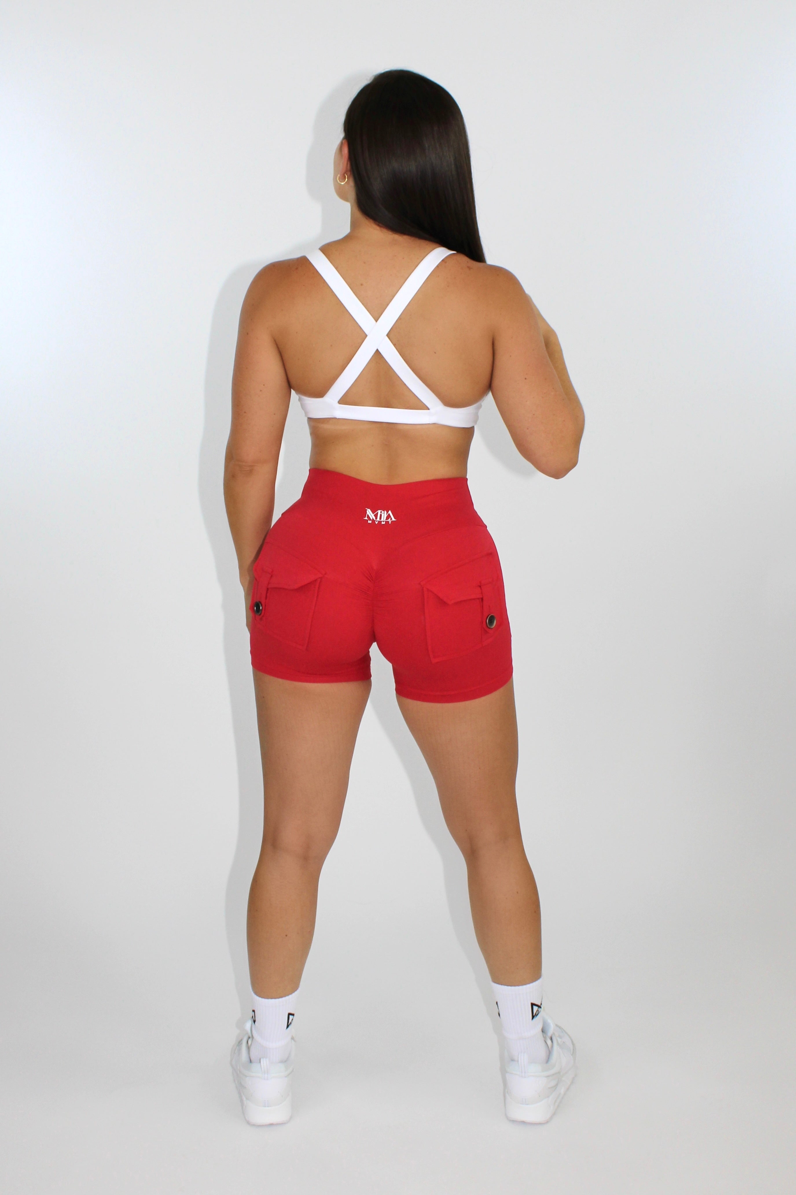 Selene Scrunch Booty Pocket Shorts - Ruby Red back view