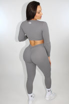 MILA MVMT Sportswear Long Sleeve Crop Top Gymwear Athleisure Sports Bra in Gray - model facing back