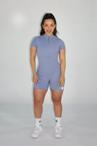 Zippered Athletic Romper in Dusty Blue